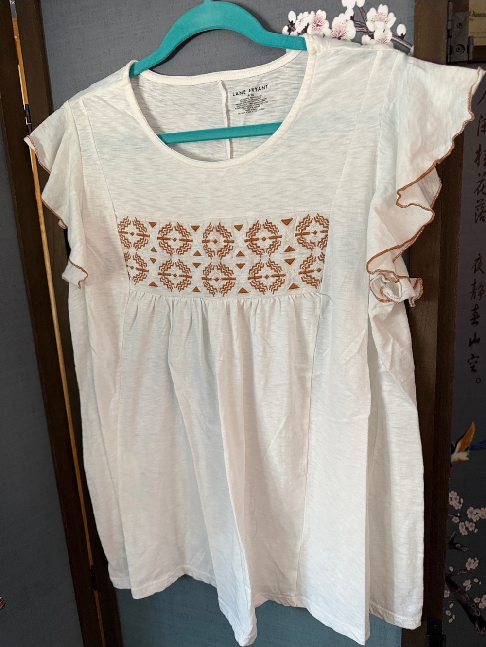 Lane Bryant White Peasant Top with Brown Embroidered Yoke